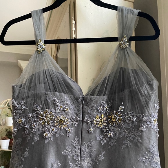 Montage by Mon Cheri - Silver Embroidered Grey/Gold Sequin Tulle Gown Size 10 - Picture 9 of 17